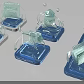 Transparent 3D Icons On Blue Base Display Platforms With Bubbles And Connecting Lines