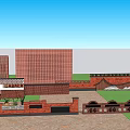 Red Brick Feature Wall With Perforated Pattern And Green Plants In Urban Plaza 3d model