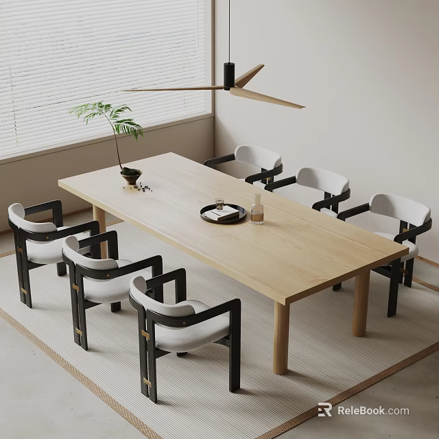 Modern Wooden Dining Table Set With Six Black And White Chairs Pendant Light And Plant 3d model 
