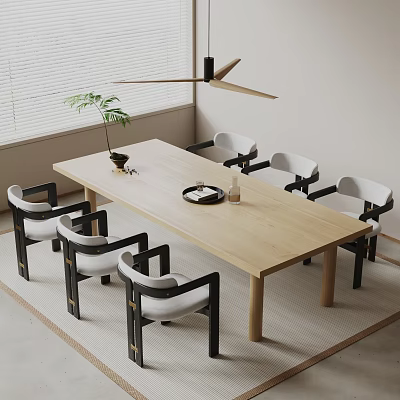 Modern Wooden Dining Table Set With Six Black And White Chairs Pendant Light And Plant 3d model