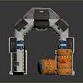 Sci-Fi Archway Structure With Control Panels Orange Barrels And Warning Stripes 3d model