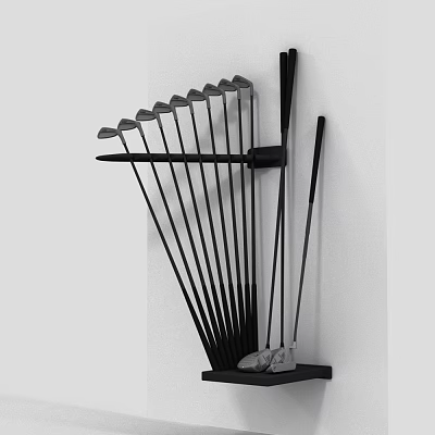Wall Mounted Golf Club Rack With Organized Clubs And Storage Design 3d model