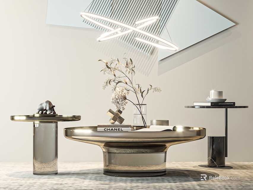 Elegant Modern Round Coffee Table With Gold Metal Base And Decorative Plant 3d model 