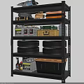 Multi Tiered Storage Shelf With Stacked Tires Toolbox And Oil Containers