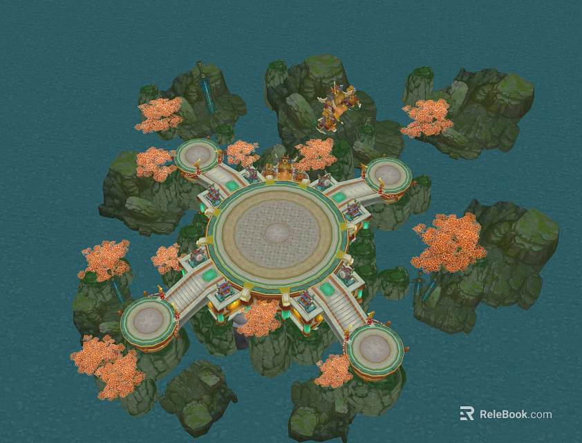 Ancient Architecture Showcasing Circular Platform Surrounded by Rock Formations and Orange Trees with Steps 3d model
