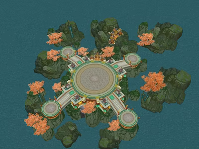 Ancient Architecture Showcasing Circular Platform Surrounded by Rock Formations and Orange Trees with Steps 3d model