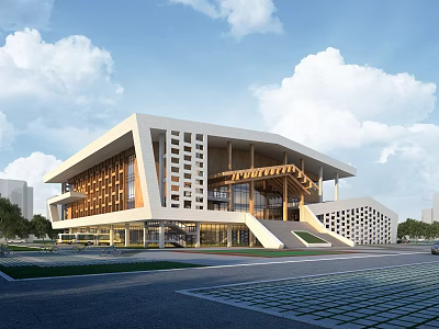 Modern Architectural Building With White Facade Glass Windows Wooden Structure Sloped Roof In Urban Square 3d model