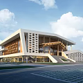 Modern Architectural Building With White Facade Glass Windows Wooden Structure Sloped Roof In Urban Square