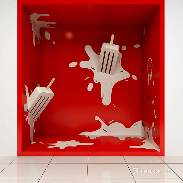 Red Cube Room With Melting Ice Cream Pops And White Splashes Photo Spot 3d model 