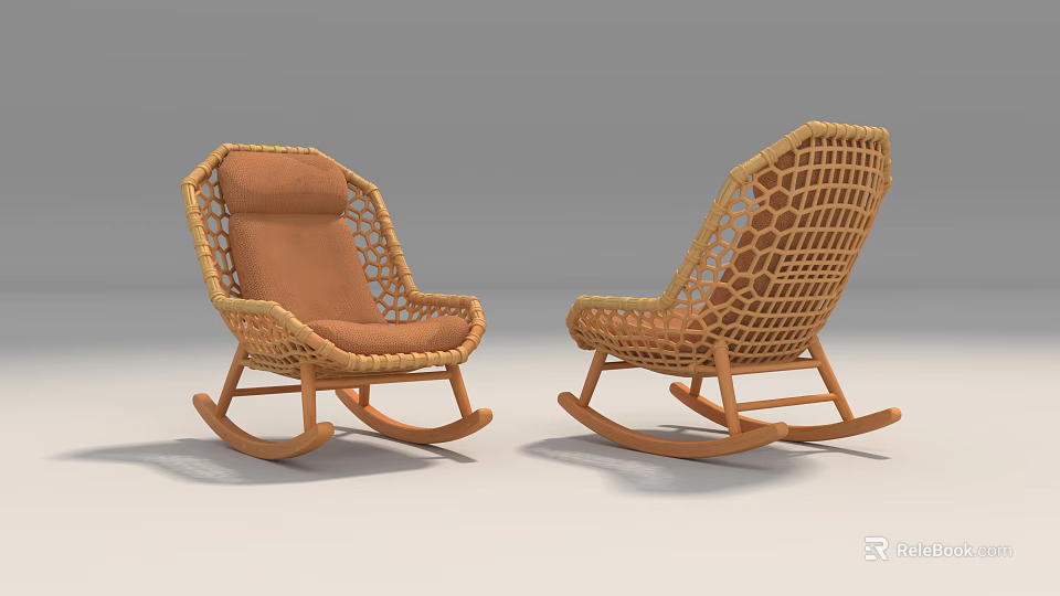 Two Comfortable Beige Rattan Rocking Lounge Chairs with Mesh Design 3d model 