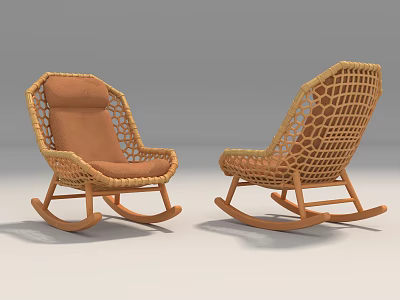 Two Comfortable Beige Rattan Rocking Lounge Chairs with Mesh Design 3d model