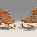 Two Comfortable Beige Rattan Rocking Lounge Chairs with Mesh Design