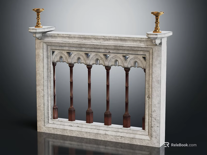 Marble Balustrade with Arched Design and Golden Candlesticks on Sides 3d model 