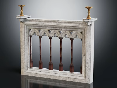 Marble Balustrade with Arched Design and Golden Candlesticks on Sides 3d model