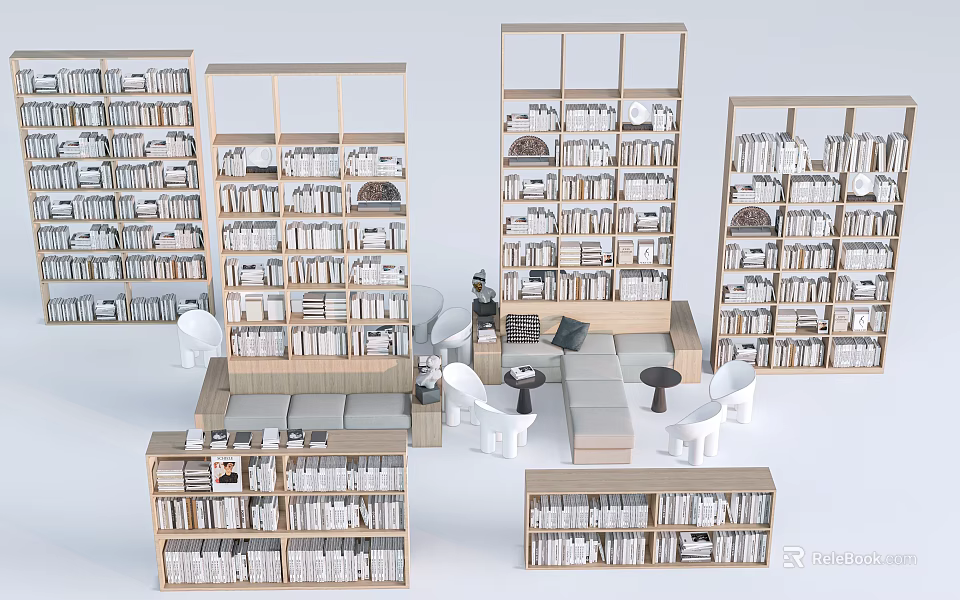 Book Filled Display Shelves Interior With Multi tiered Open Units Seating Sofa And Chairs 3d model