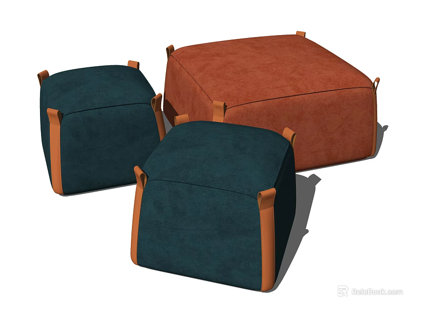 Modern Ottoman Set of Three with Teal and Terracotta Fabric Leather Trimmed Corners 3d model 