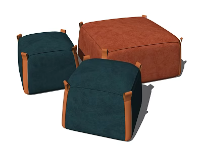 Modern Ottoman Set of Three with Teal and Terracotta Fabric Leather Trimmed Corners 3d model