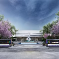 Serene Garden Landscape With Entrance Sign Green Trees Colorful Flowers And Paved Area