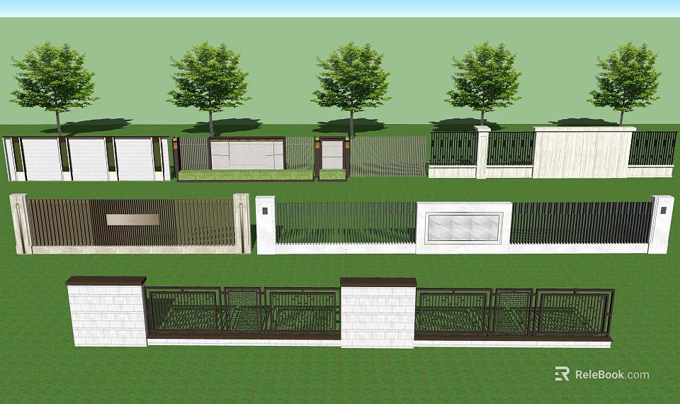 Diverse Garden Feature Wall Designs With Green Trees And Stone Elements 3d model