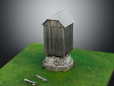 Wooden Tower Like Building With Stone Base On Green Grass Field And Benches 3d model