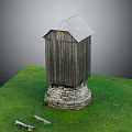 Wooden Tower Like Building With Stone Base On Green Grass Field And Benches