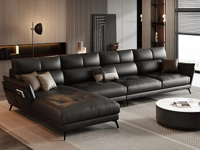 Modern Black Leather Sectional Sofa In Living Room With Pillows Side Table And Lighting 3d model