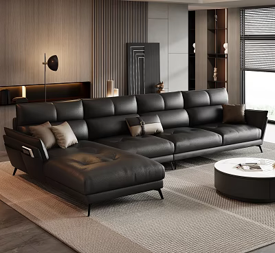 Modern Black Leather Sectional Sofa In Living Room With Pillows Side Table And Lighting 3d model