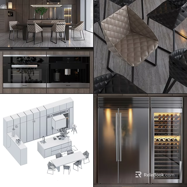 Modern Kitchen Cabinets With Built-in Appliances 3D Model Design And Wine Rack 3d model 