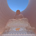 White Buddha Sculpture Seated On Lotus Pedestal Against Curved Black Building Blue Sky