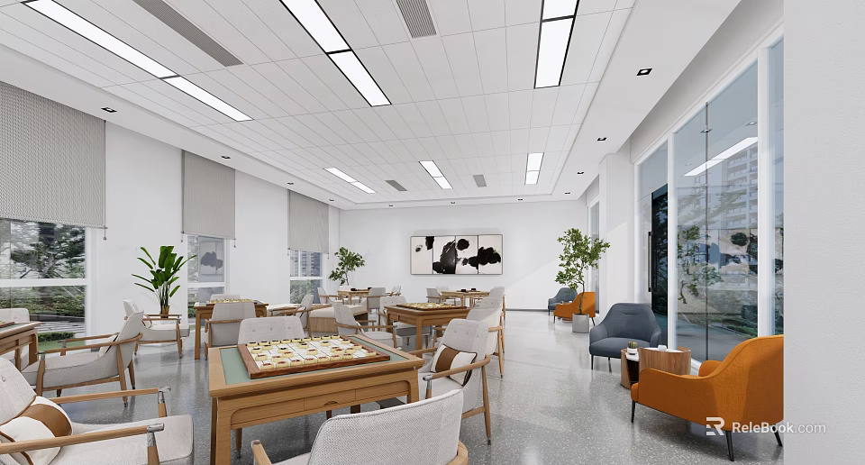 School Comfortable Lounge Area With Tables Chairs Green Plants And Bright Open Space 3d model 