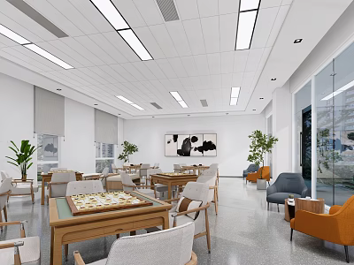 School Comfortable Lounge Area With Tables Chairs Green Plants And Bright Open Space 3d model