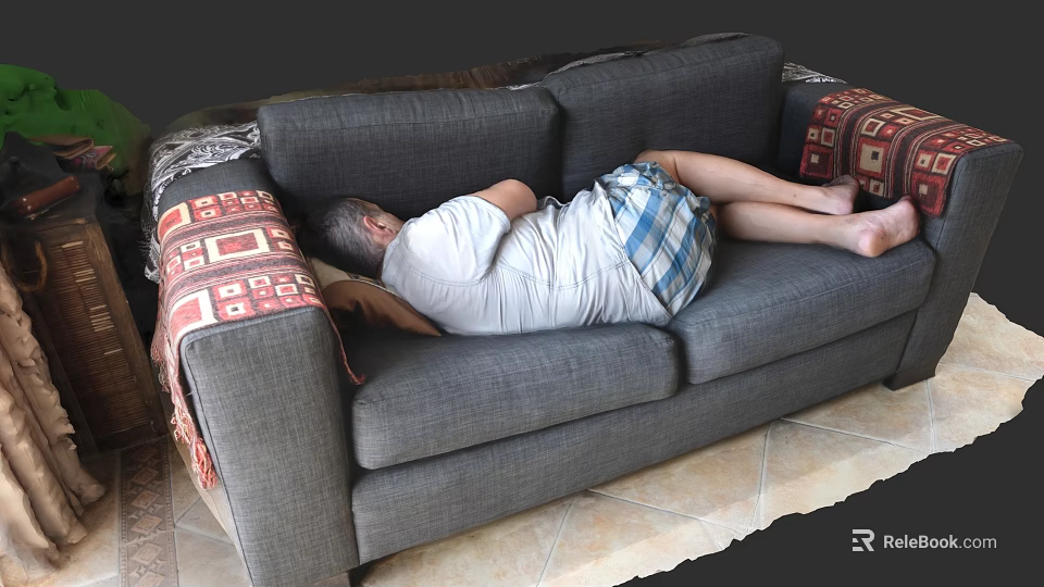 Comfortable Gray Lazy Sofa With Patterned Armrest For Relaxing Lying At Home 3d model