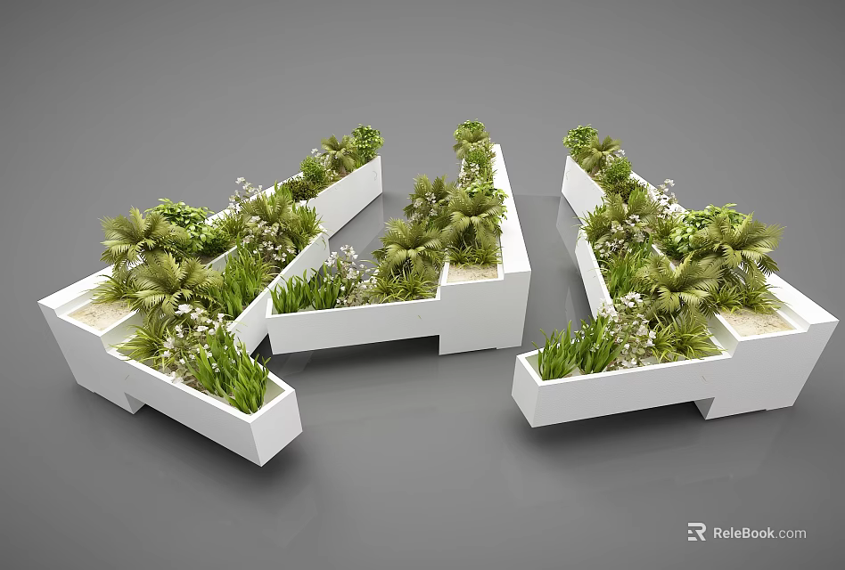 Bonsai Potted Plants Arranged In Modern White Planters With Green Foliage 3d model 
