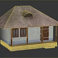 Traditional Small House With Thatched Roof Wooden Frame And White Walls Stone Foundation