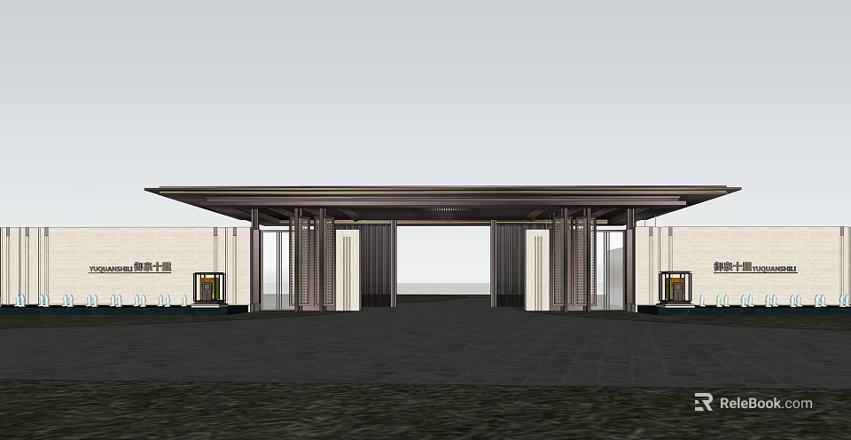 Modern Neo Chinese Entrance Gate Design With Canopy Columns And Stone Facade 3d model