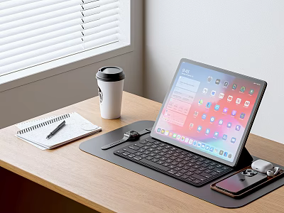 Tablet With Keyboard On Desk With Notebook Pen Coffee Cup And Phone Stand 3d model