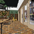 Dessert Shop Interior Design With Pastries Wall Display Wooden Tables Chairs And Green Plants