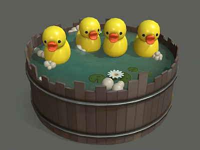 Cute Yellow Ducklings in Cartoon Wooden Bucket Pool with Lotus Leaves Flower and White Pebbles 3d model