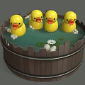 Cute Yellow Ducklings in Cartoon Wooden Bucket Pool with Lotus Leaves Flower and White Pebbles