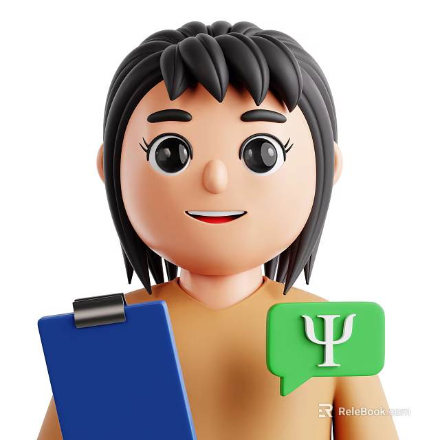 Cartoon Woman with Short Hair Smiling Holding Blue Clipboard Green Speech Bubble and Psi Symbol 3d model 