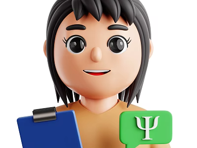 Cartoon Woman with Short Hair Smiling Holding Blue Clipboard Green Speech Bubble and Psi Symbol 3d model