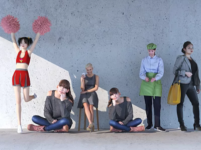 Group of People With Cheerleader Pink Pom Poms Sitting And Standing By Gray Concrete Wall 3d model