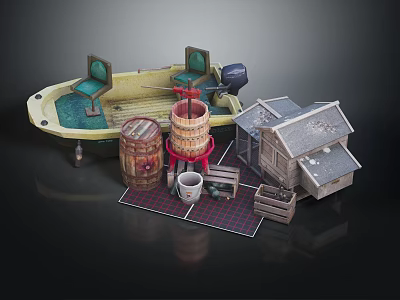 Yacht With Barrels And Shed In Diorama Scene 3d model