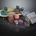 Yacht With Barrels And Shed In Diorama Scene