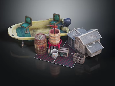 Yacht With Barrels And Shed In Diorama Scene 3d model