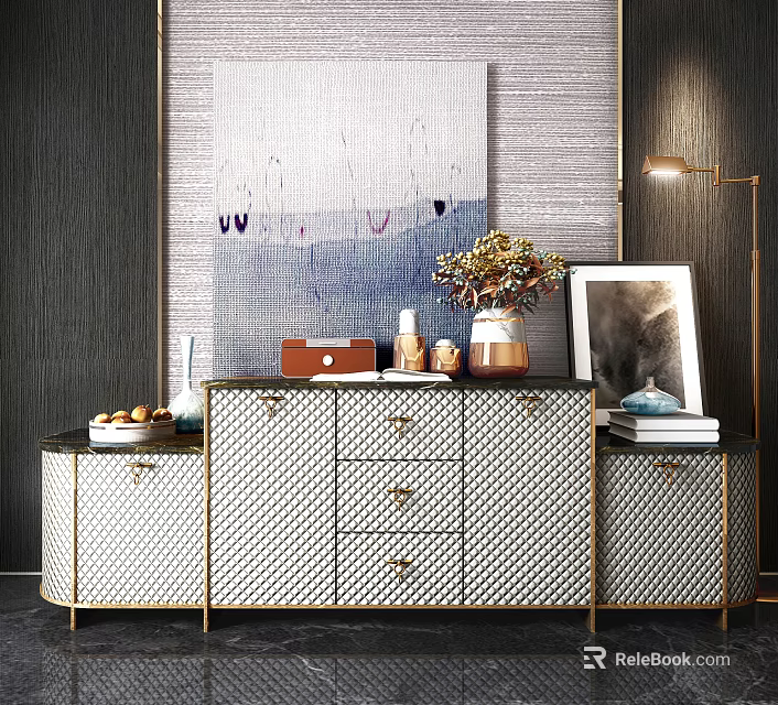 Elegant Modern Entryway Interior With Entryway Cabinet Side Cabinet And Decorative Vase Artwork Table Lamp 3d model 