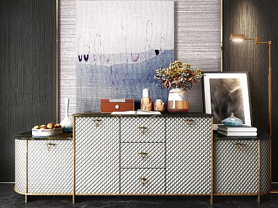 Elegant Modern Entryway Interior With Entryway Cabinet Side Cabinet And Decorative Vase Artwork Table Lamp 3d model