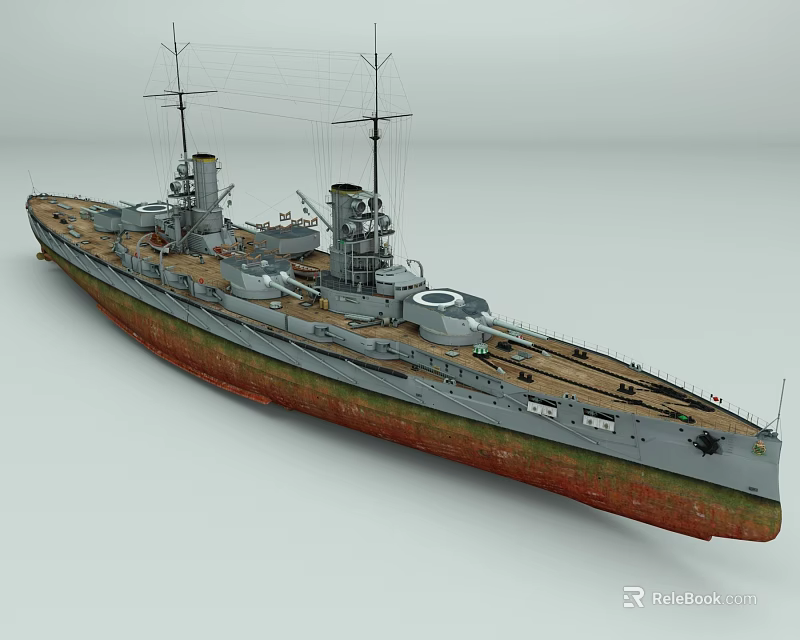 Vintage Battleship with Gray Upper Hull Red Lower Section Two Funnels Masts and Deck Equipment 3d model 