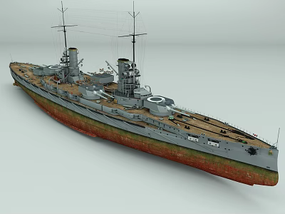 Vintage Battleship with Gray Upper Hull Red Lower Section Two Funnels Masts and Deck Equipment 3d model