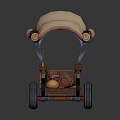 Vintage Wooden Carriage with Pink Canopy Blue Supports and Blue Wheels Carrying Items Inside